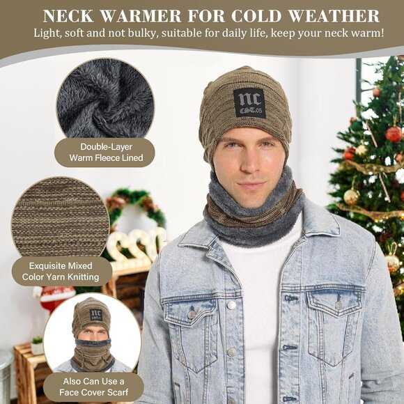Men Women NC Khakhi Winter Beanie Hat Scarf Set Warm Fleece Lined Set Gear - Picture 3 of 5